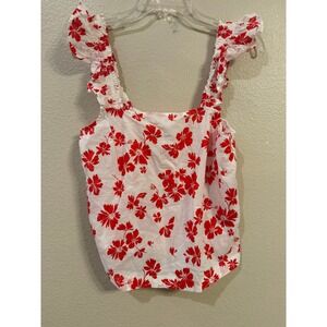 J Crew Re-Imagined  Small Red White Floral Ruffle Smocked Strap Cotton Tank
